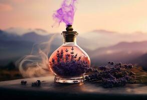 Generative AI, A bottle of essential oil with fresh lavender twigs withh smoke on dark background, herbal oil and flowers photo