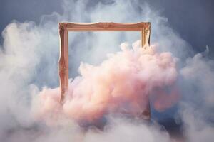 Generative AI, pastel light smoke around empty vintage beautiful frame. photo