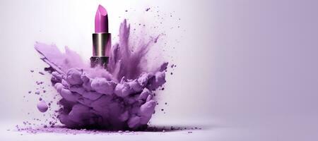 Generative AI, Purple lipstick, powder splashes and smoke on purple background. photo