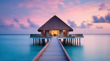 Generative AI, Maldives travel destination, Water hotel resort bungalows. A place for dreams. photo