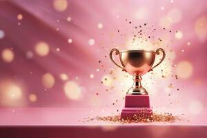 Generative AI, Winner trophy with flames, pink golden champion cup with falling confetti on pink background photo