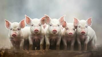 Generative AI, little pigs looking at the camera on a farm photo