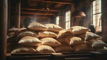 Generative AI, Stack hemp sacks of rice or coffee, industrial storage photo