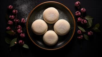 Generative AI, mochi on the dark table background, Traditional Japanese dessert, top view, flat lay photo