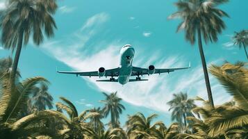 Generative AI, plane fliing over a tropical island with palm trees. Travel, vacation concept. Beautiful sky background photo