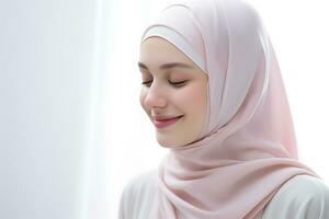 Hijab girl with closed eyes and closed eyes on white background AI Generated photo