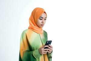 Hijab woman using mobile phone isolated on white background. Asian muslim model AI Generated photo