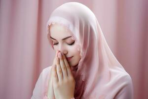 retrato de joven musulmán mujer Orando con cerrado ojos. religión concepto ai generado foto
