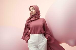muslim woman in hijab with pink background, asian fashion model AI Generated photo
