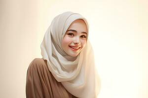 hijab mujer con sonrisa rostro. retrato de asiático musulmán niña ai generado foto