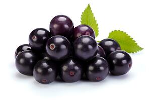 Black currant berries with green leaves isolated on white background AI Generated photo
