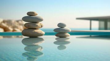 zen stones on the swimming pool with blue sky background, spa concept AI Generated photo