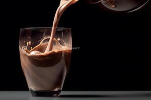 Pouring chocolate milk into a glass, isolated on black background photo