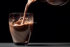 Pouring chocolate milk into a glass, isolated on black background AI Generated photo