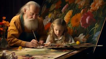 grandfather and granddaughter are writing in a garden full of flowers AI Generated photo