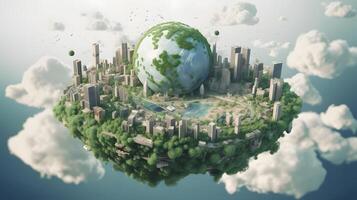 illustration of a city floating in the earth's ozone layer AI Generated photo