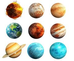 set of planets solar system consist the Sun, Mercury, Venus, Mars, Earth, Jupiter, Saturn, Neptune, Uranus isolated on white background, Pluto AI Generated photo