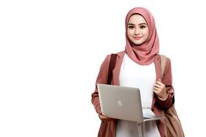 Hijab businesswoman with laptop computer isolated on white background AI Generated photo