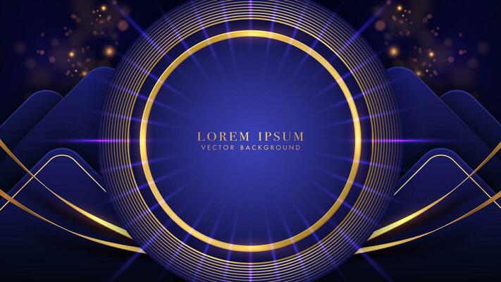 Abstract golden ring and circle frame elements with gold ribbon, blue geometric shape, sparkle glowing effect, and bokeh decoration on dark blue background