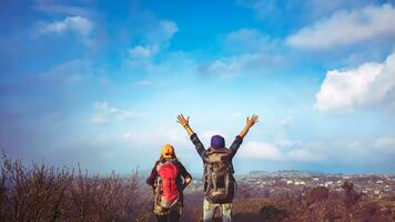 Lover woman and man Asian travel nature. Travel relax. Natural Touch countryside. On the Moutain. Thailand photo