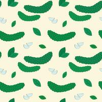 Cucumbers seamless pattern. Vector illustration of vegetables with plant elements. Background with gherkins, garlic clove and green leaves.