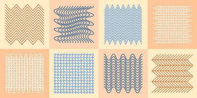 Abstract wavy and zigzag objects and grids. Vector illustration. Linear drawing of warped and convex shapes. Set of design elements for decorating.