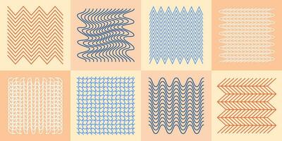 Abstract wavy and zigzag objects and grids. Vector illustration. Linear drawing of warped and convex shapes. Set of design elements for decorating.