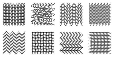 Abstract wavy and zigzag objects and grids. Black and white vector illustration. Linear drawing of warped and convex shapes.