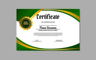 a certificate template with a green and goldwavy design vector