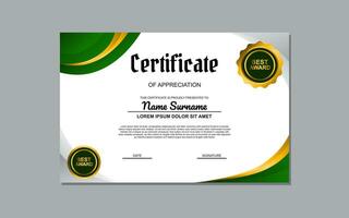 a certificate template with a green and goldwavy design vector