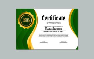 a certificate template with a green and goldwavy design vector