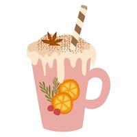 Christmas Cup of Cocoa with Whipped cream, Caramel cane in trendy retro cartoon style. Hot cocoa vibes greeting card, poster, print, party invitation. Mug with Holiday orange, vector illustration