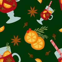 Vector seamless pattern with Mulled wine in flat design. Orange slices, Anise, Cinnamon, Clove, Straw isolated. Autumn and winter holidays Hot drink. Christmas template for Textile, Banner, Decor.