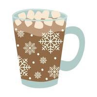 Hot chocolate. Decorative Vector Flat illustration glass matte cup with Cocoa and marshmallows. Christmas greeting card design element. Isolated on white background.