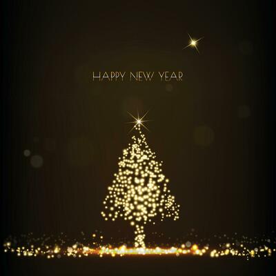 Golden Christmas tree glittering light shining on dark background
