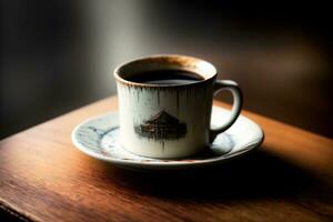 A Cup Of Coffee Sitting On Top Of A Wooden Table. AI Generated photo