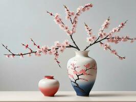 A White And Blue Vase With Pink Flowers In It. AI Generated photo