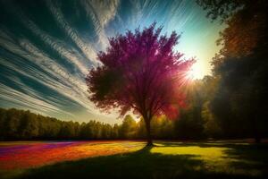 un imagen de un árbol en el medio de un campo. ai generado foto