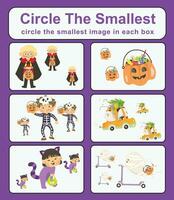 Pre math concepts. Circle the smallest object in each box. Printable activity page for kids. Educational children game. Kids activity sheet. vector