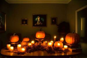 un mesa coronado con un montón de iluminado velas ai generado foto