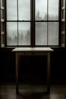 un de madera mesa sentado en frente de un ventana. ai generado foto