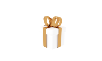 3D render image illustration of White gift box golden ribbon for celebration on special day. Happy Holiday decoration surprise card. Concept give packing Love idea. Wedding modern luxury of PNG