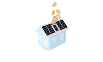 3d Rendern Solar- Panel Haus Geld Speichern Elektrizität Rechnung Konzept minimal Pastell- Allgemeines Zuhause Illustration isoliert transparent png