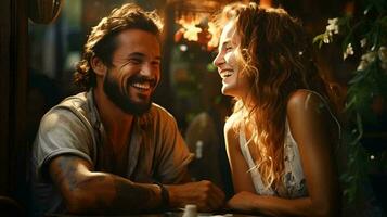 A man and a woman are sitting relaxing in a bar and laughing and smiling on a date photo