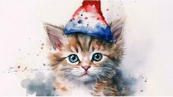 A small kitten sits in a hat the color of the American flag. Concept postcard with a cat for USA Independence Day. AI generated photo