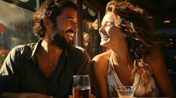 un hombre y un mujer son sentado relajante en un bar y riendo y sonriente en un fecha foto