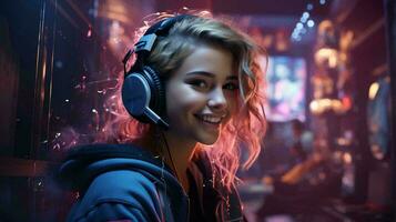 A girl in headphones rejoices and laughs while playing computer online games. The concept of joy from computer games, streaming photo