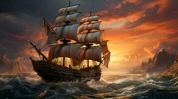 An old sailing ship with high masts that uses a sail and the power of the wind for movement floats on the sea with waves photo