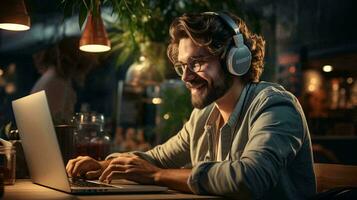 A man in headphones plays online games on a laptop computer. The concept of computer games, streaming and remote work photo