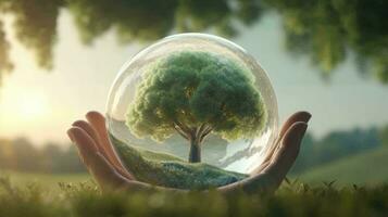 Green natural eco-friendly tree in a glass sphere in hand against the backdrop of nature. The concept of green energy, ecology, environmental protection. AI generated photo